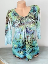 One World Live Let Live 👀 Top tunica blusa pavone L mamma tropicale Boho V impero