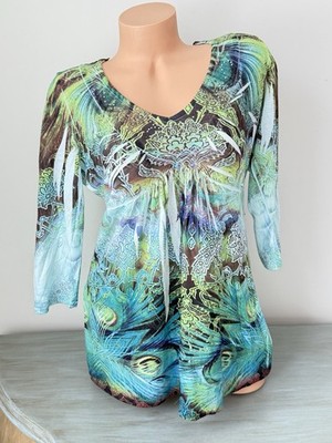 Coasta Grandma  Knit 3/4 Sleeve Top Peacock L Babydoll V Neck Exotic Granola