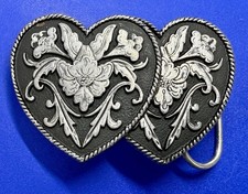 Two Dual Hearts Vintage Western Floral Themed Cutout Belt Buckle By Siskiyou