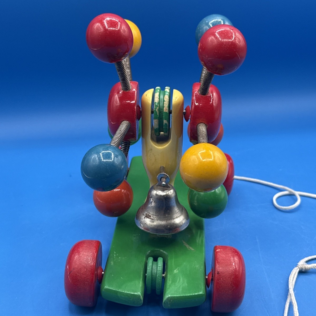 Vintage Kouvalias Wooden Pull Toy Greece Colorful Spinning Bell