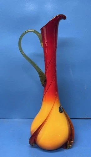 VTG MCM Vimax Creation Murano Style Glass Vase Orange Red Yellow 15”
