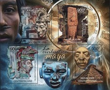 Hoja de recuerdo de 4 estampillas de la civilización maya arte escultura pirámide como nuevas