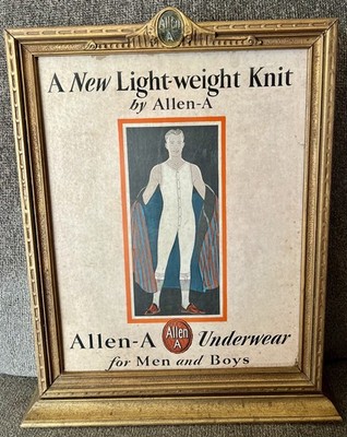 VINTAGE 1930's ALLEN-A MENS UNDERWEAR ART DECO FRAME W/ AD STORE DISPLAY SIGN