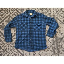 Vintage 70s Sears Perma Prest Blue Plaid Flannel Shirt Mens Medium Buffalo Check