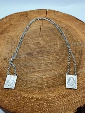 Silver Tone Scapular Necklace Our Lady of Mount Carmel Saint Charm Double Chain