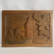 Vtg Folk Art Carved Bas Relief Wood Panel Church W Graveyard Cemetery Headstones