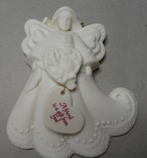KB DESIGN. Bisque Porcelain Hanging Angel Ornament with Hearts ~ Scripture