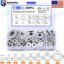260 Pieces of 304 Stainless Steel Washers Flat Washer Assortment Set Kit 8 Sizes