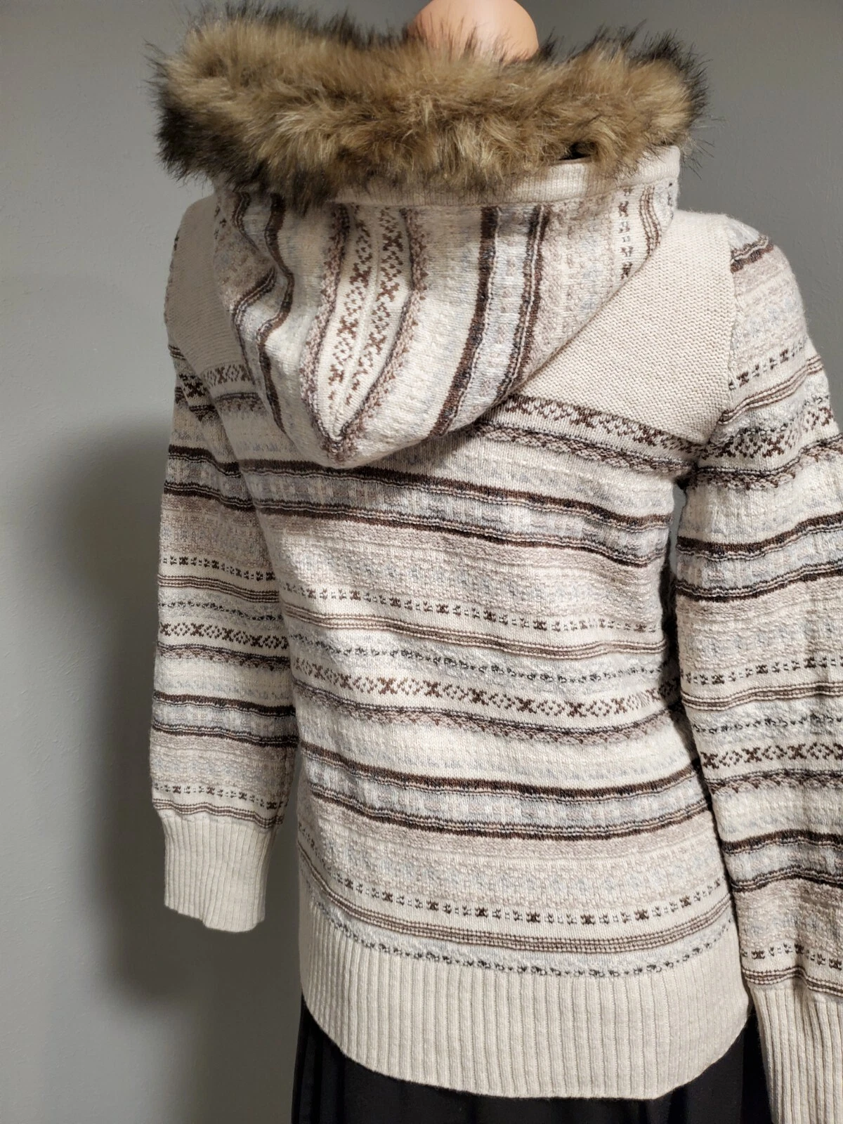 OFF WHITE Felpa con cappuccio e zip intera Eddie Bauer donna avorio marrone blu bordo pelliccia sintetica ~ taglia L