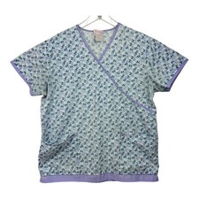 Cherokee Womans Size L Scrub Top Purple And White Flower Pattern Pockets Nurse