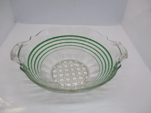 Vintage Anchor Hocking Lancaster Green Circus Stripe Handled Bowl