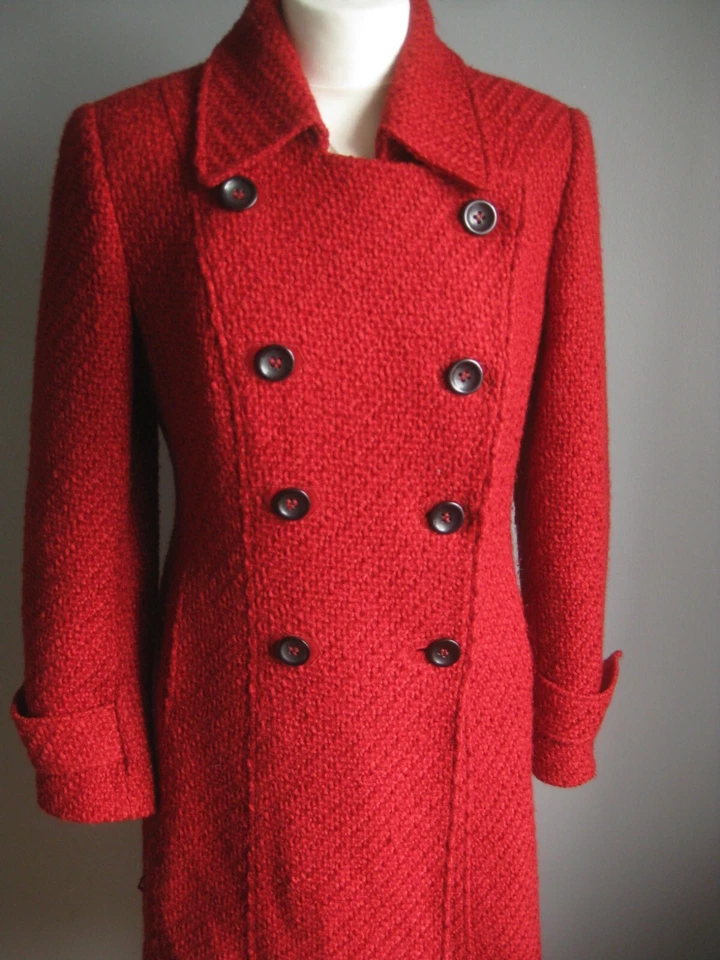 M&S WOOL TRENCH COAT 12 10 red military long line jacket PER UNA ladies tweed