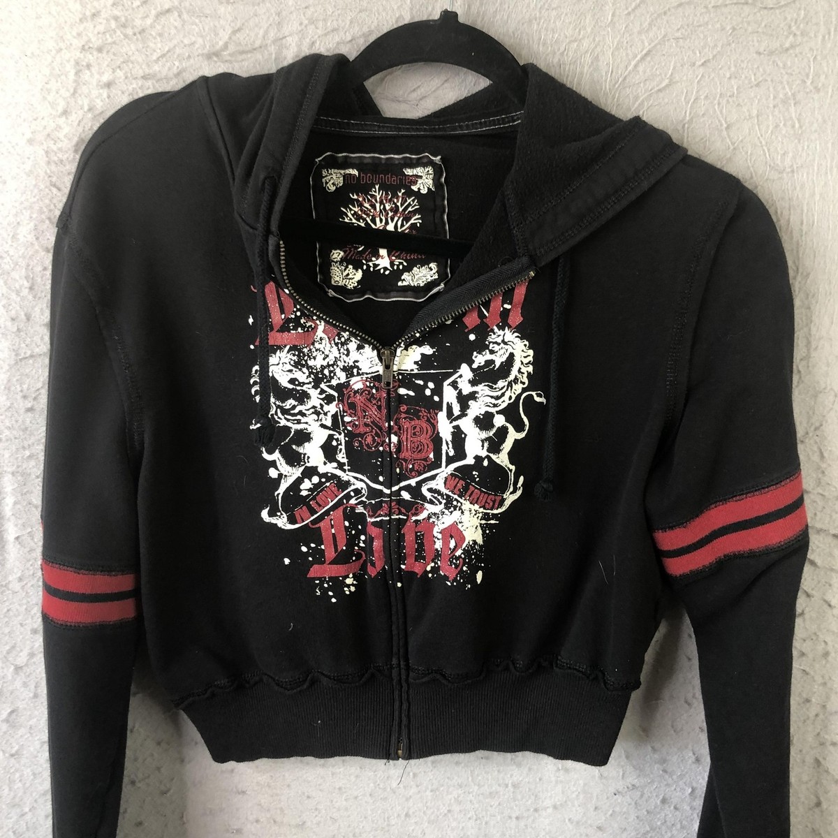 Retro Hoodie Juniors 15/17 Black Cropped Zip Up Live In Love Y2K