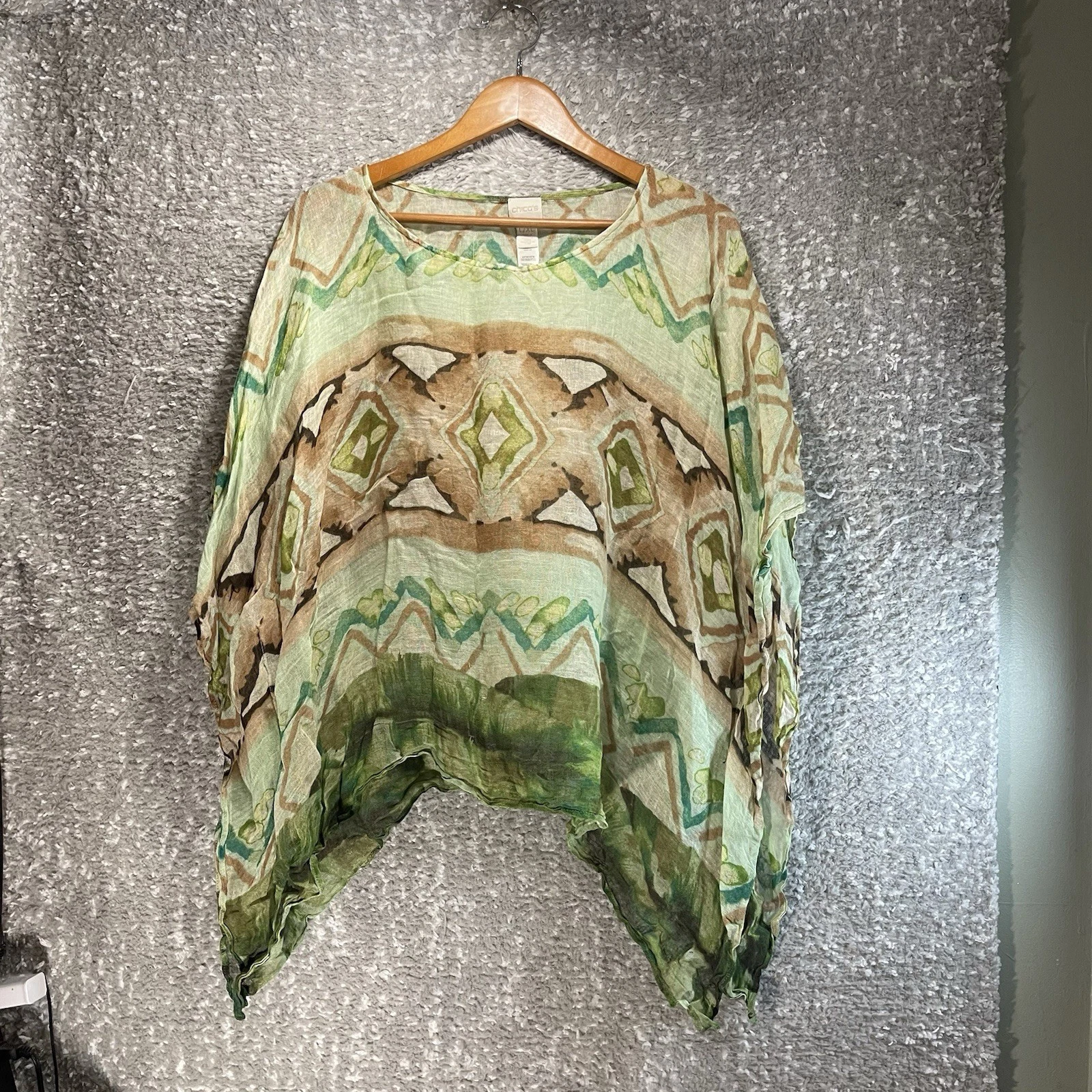 Chico's Linen Poncho L/XL Dolman Sleeve Boho Abstract Print Vacation Semi-Sheer