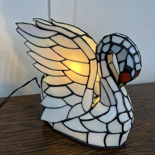 Vintage Stained Glass Tiffany Style Swan Bird  Iridescent Night Light Lamp