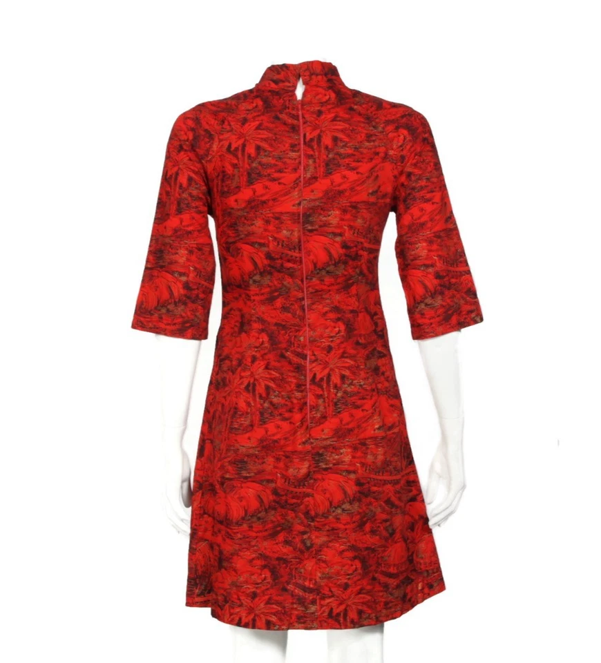 Vitnage 60s Red Lava Island MCM TIki Wiggle HIgh Neck 3/4 Sleeve Dress sz S /342 - Image 4 of 4
