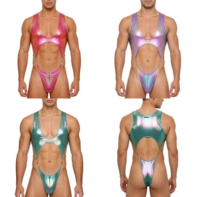 Herren Body Ärmellos Nachtwäsche Strampelhöschen Trikot Glänzend Jumpsuit Sexy - Bild 1 von 3