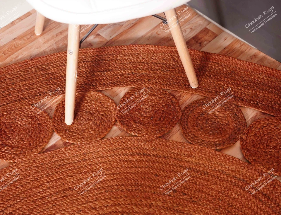 Alfombra de yute redonda naranja trenzada a mano con alfombra de diseño festoneado alfombra Dhurrie vintage Foto 4 de 4