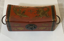 Vintage Chinese Leather, Wood & Brass Dragon Phoenix Motif Opium Pillow Box