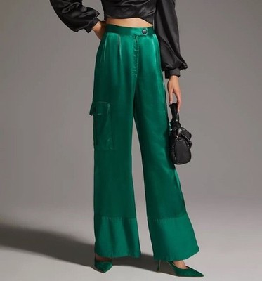 Anthropologie Corey Lynn Calter Wide Leg Satin Cargo Pants in emerald green XS