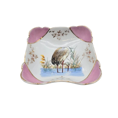 Vintage Chinese Painted  Porcelain Bowl With Crane 5" Bird Motif Gold Rim