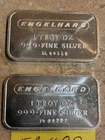 2 ENGELHARD 1 OZ. .999 FINE SILVER BARS "LOW NUMBERS"