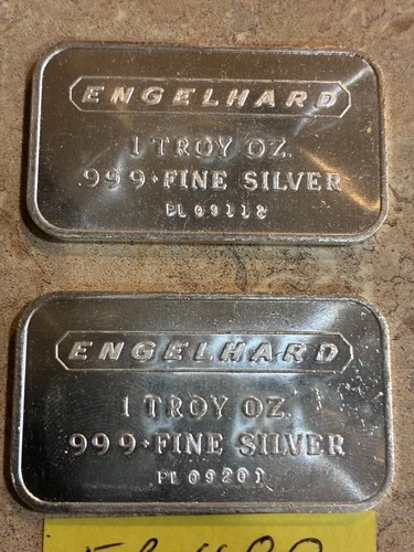 2 ENGELHARD 1 OZ. .999 FINE SILVER BARS "LOW NUMBERS"