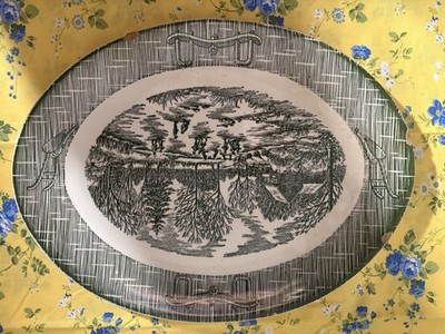 Vintage Green Transferware Oval Platter Rustic Farm Scene Plate Primitive Decor