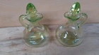 VINTAGE RETRO GREEN DEPRESSION GLASS CRUET SET WITH STOPPER LIDS OIL & VINEGAR