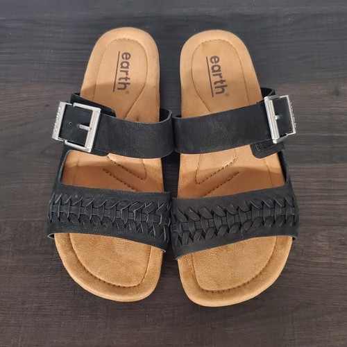 Sandalias Earth Origins para mujer 8 cuero trenzado dos correas negras deslizables nuevas - Imagen 5 de 9