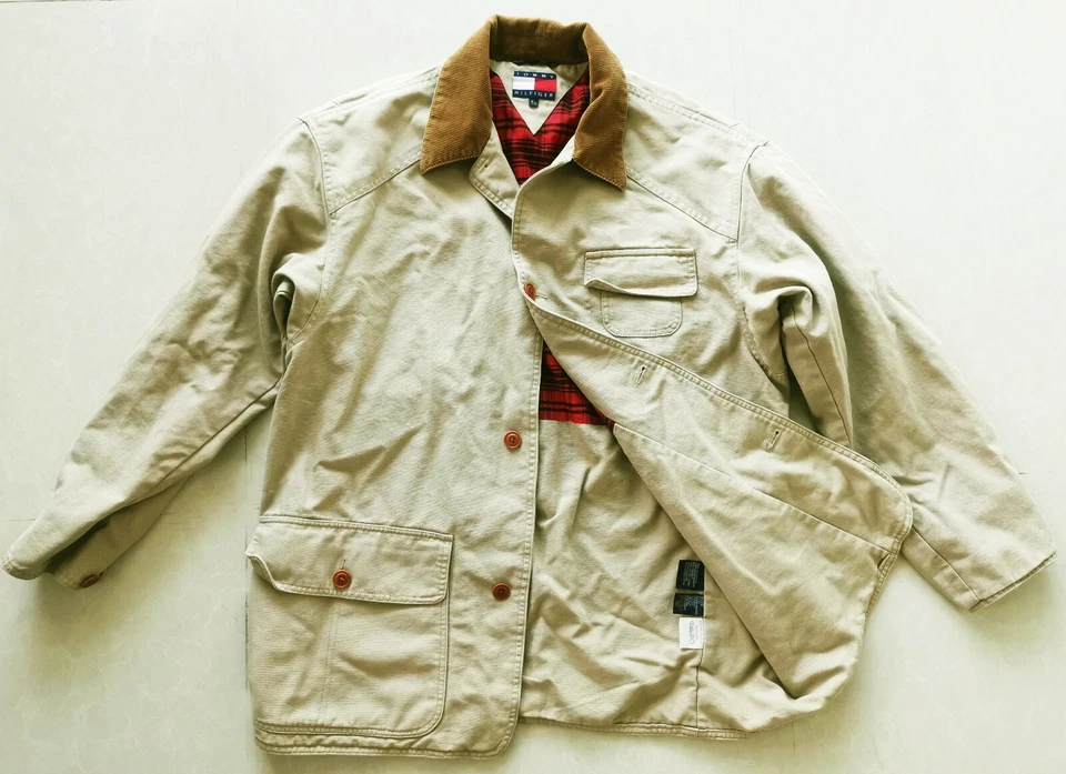 HOT VTG 90-х мужчин TOMMY HILFIGER CHORE клетку с подкладкой хаки пальто куртка M (подходит L-XL) - Изображение 2 из 4