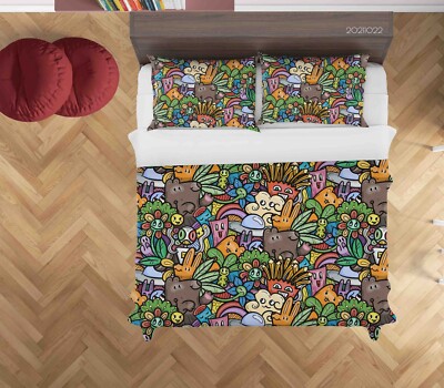 3D Graffiti Pflanze Monster Handgezeichnet Quilt Cover Set Bettwäsche Sets Ki...