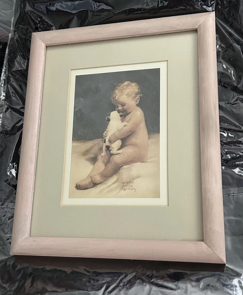 Impresión artística de Bessie Pease Gutmann CHUMS marco rosa rizos rubios bebé y cachorro raro Foto 2 de 4