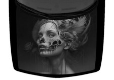Grayscale Skull Drawn Woman Floral Hair Truck Hood Wrap Vinyl Car Graphic Decal