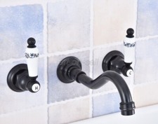Dual Handles Brass Bathroom Faucet Wall Mount Vessel Oil Rubbed Sink Mixer Tap