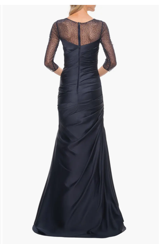 LA FEMME SATIN PLEAT MERMAID NAVY MERMAID GOWN 8 - Picture 3 of 5