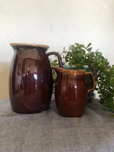 Hull Brown Drip Glaze Pottery Pitcher & Creamer with Handle Ovenproof Made in US