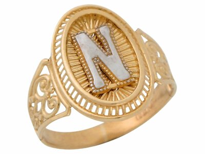 10k oder 14k Bicolor Gold Buchstabe N Filigran Band Strahlender Damen Oval Initialen Ring