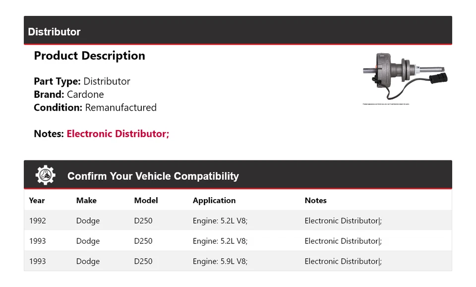 Cardone distribuidor Dodge D250 1992-1993 Foto 2 de 4