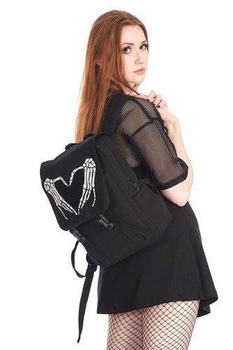Banned Black Darkest Love Skeleton Hands Vegan Backpack Bag Black White Goth New - Picture 2 of 6