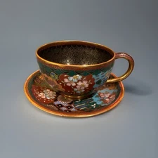 Antique Qing Dynasty 19th Century Cloisonne Teacup And Saucer Rare Pattern