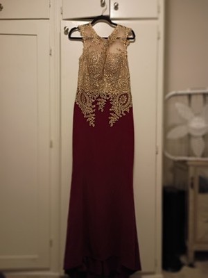 Gold Burgundy Beaded Embroidered Chiffon Sleeveless Illusion Neck Formal Gown