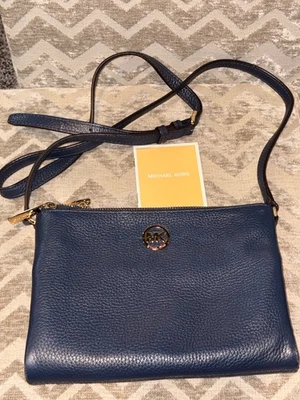 Michael Kors Fulton Crossbody Purse Bag Handbag Blue Pebbled Leather - Photo 1/4