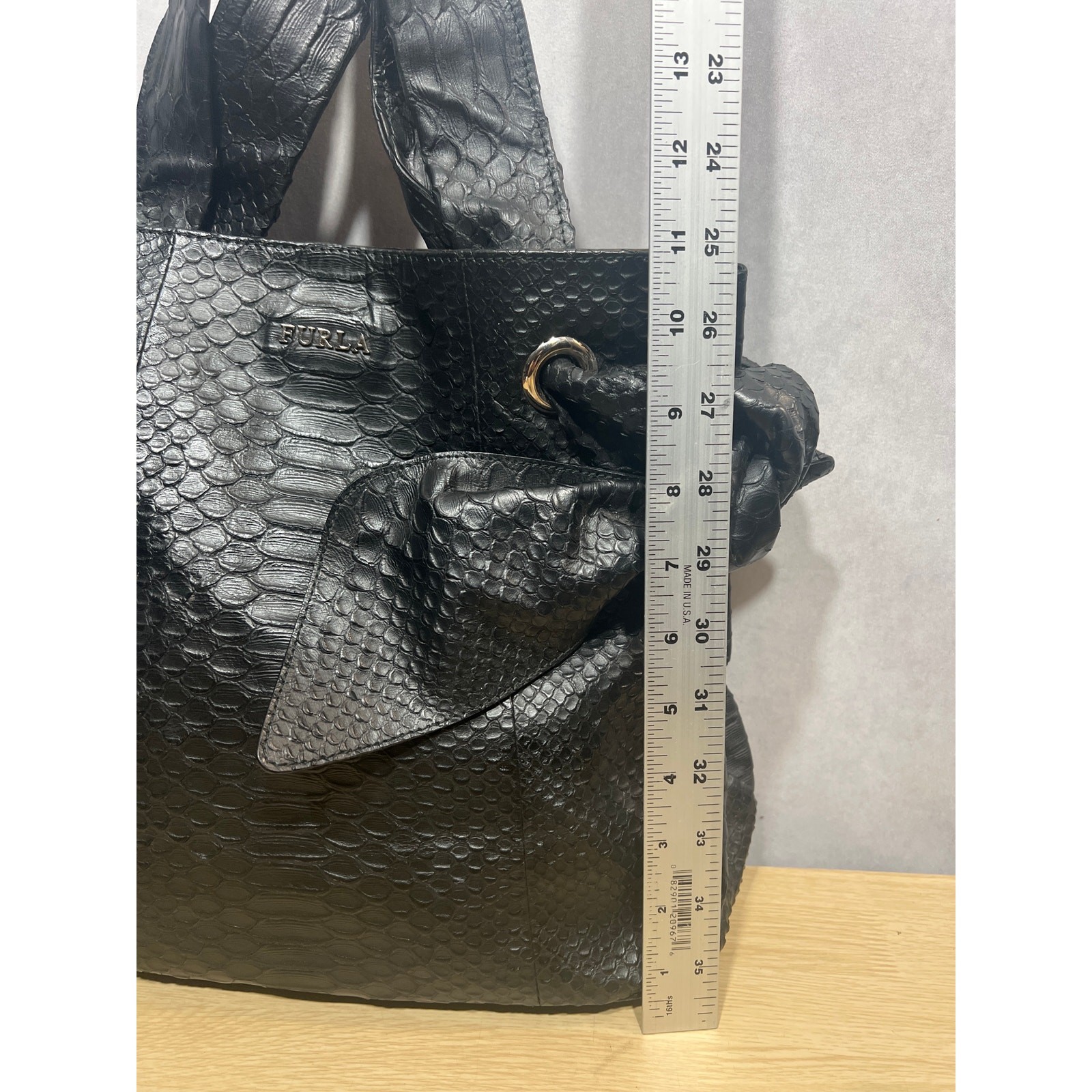 Furla Black Python Embossed Leather Side Bow Hobo… - image 12