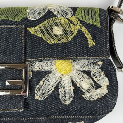 Auth FENDI Mamma Baguette Blue Denim Floral Daisy Lace Shoulder