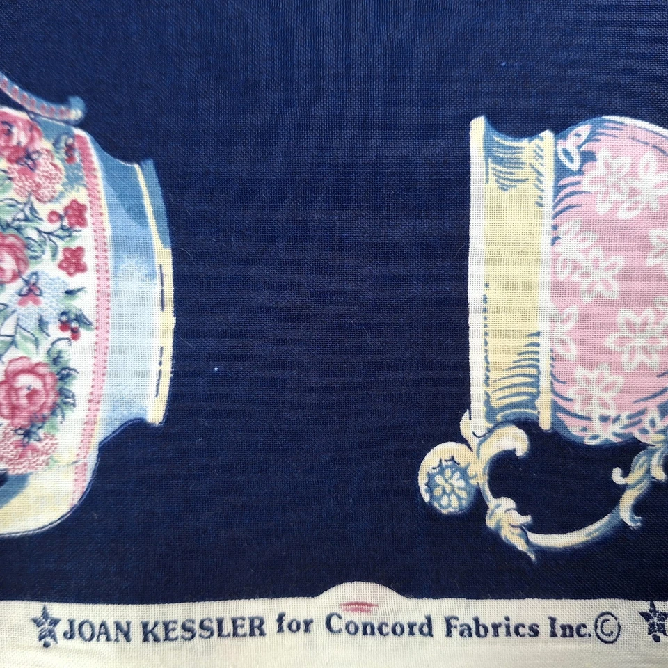 Joan Kessler Concord Fabrics Tea Cups Dark Blue Cottagecore Quilting Cotton 30"L - Image 4 of 4
