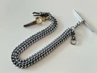 Vintage Double Albert Watch Chain curb link dog clip T bar & key gunmetal silver