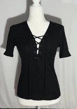 Ambiance Apparel Short Sleeve Top Black Ribbed Knit Sexy Lace Up Neck Sz M