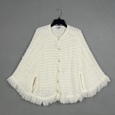 Vintage Knit Poncho Womens One Size Ivory Fringe Button Front Cape Orlon 70s