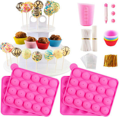Cake Pop Maker Kit with 2 Silicone Mold Sets with 3 Tier Cake Stand, Chocolate C